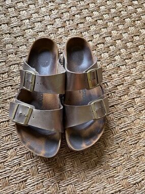 Birkenstock Metallic Bronze Arizona Brown Two-Strap Sandals